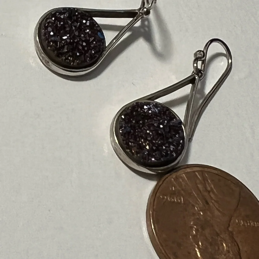 Iridescent black druzy earrings set in sterling silver